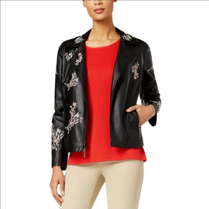 ALFANI embroidered Vegan Leather Coat XL. Floral, Oriental, Animal-friendly🤗